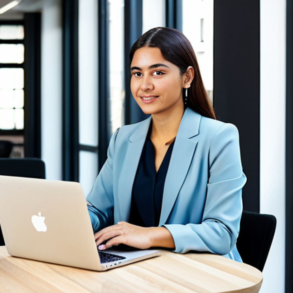 **
A confident Latina entrepreneur, in a stylish and modest business casual outfit (blazer, dress pants, blouse), working on a laptop at a modern co-working space in Madrid, Spain. Large windows with natural light. Fully clothed, appropriate attire, safe for work, perfect anatomy, correct proportions, natural pose, professional photography, high quality. Family-friendly content.
**