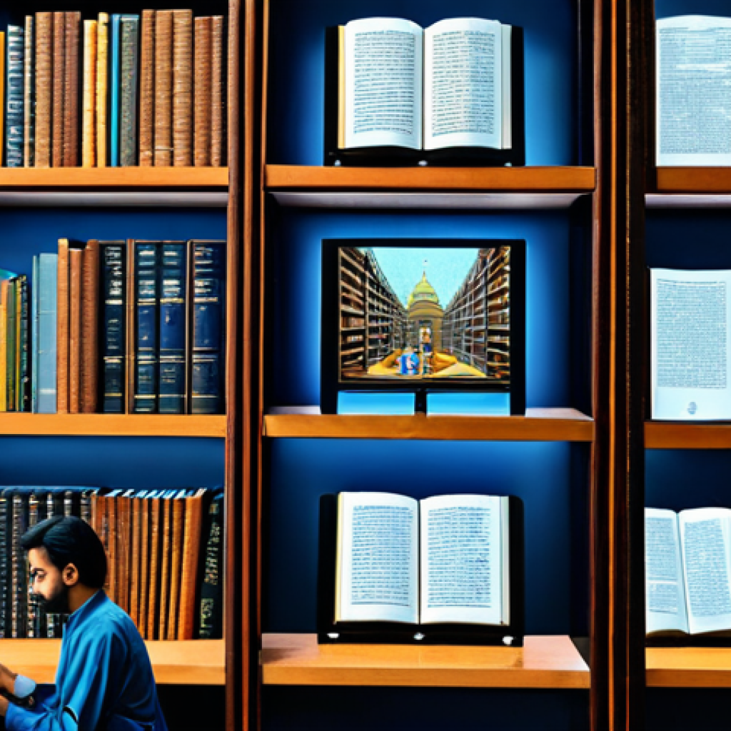 Digital Renaissance of Hindi Literature**
"A beautifully illustrated digital library filled with ancient Hindi manuscripts and modern e-books, displayed on holographic screens and traditional shelves, fully clothed scholars studying attentively, safe for work, appropriate content, family-friendly, professional setting, perfect anatomy, correct proportions, natural pose, well-formed hands, proper finger count, natural body proportions."
**