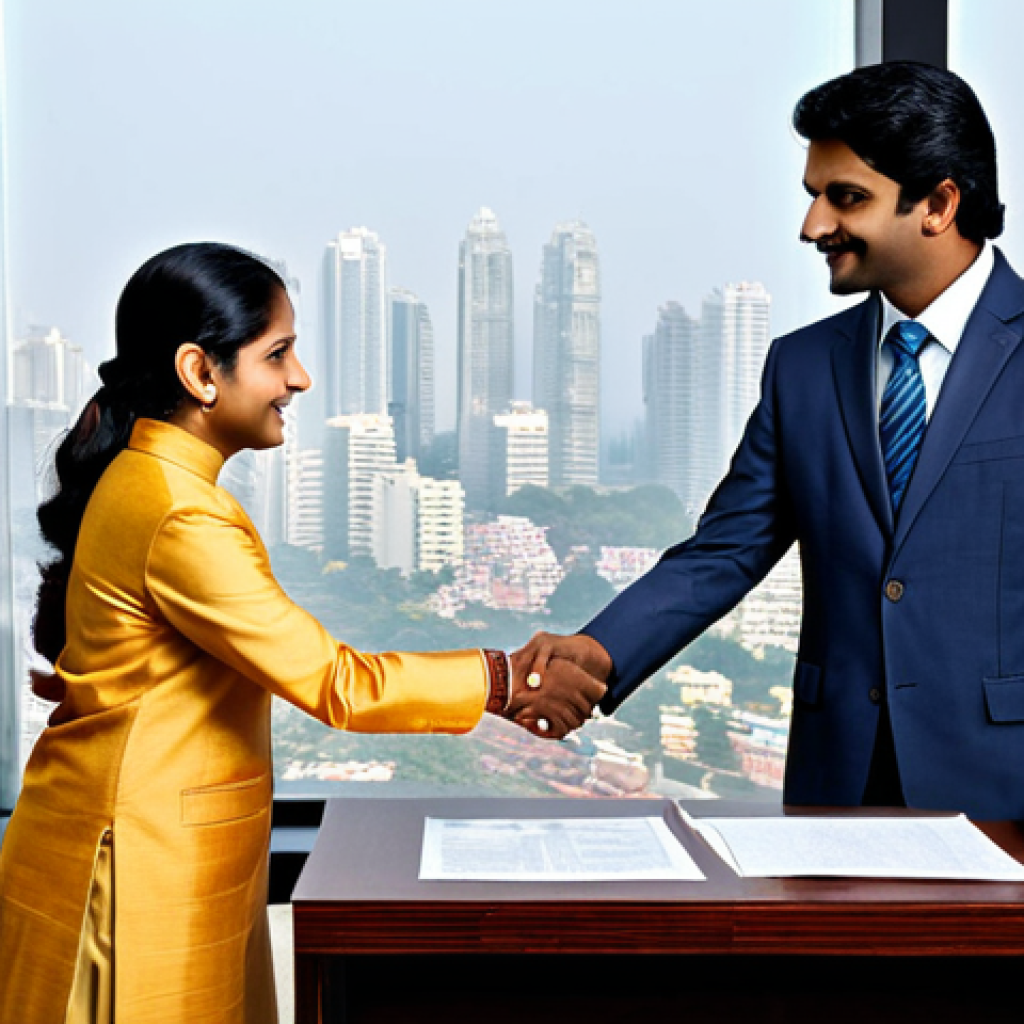 Business Negotiation**
A professional businesswoman in a modest business suit, shaking hands with an Indian businessman in traditional, appropriate attire, in a modern office setting with a view of Mumbai's skyline. They are reviewing documents. fully clothed, safe for work, appropriate content, perfect anatomy, natural proportions, professional photography, high quality, family-friendly.
**