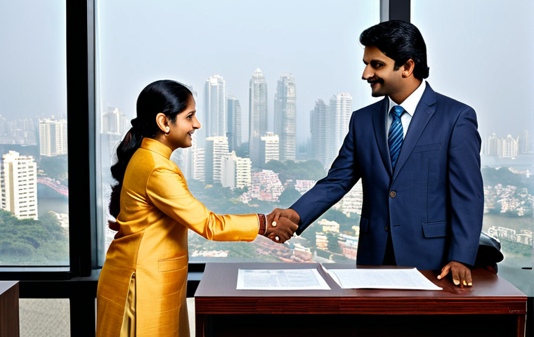Business Negotiation**
A professional businesswoman in a modest business suit, shaking hands with an Indian businessman in traditional, appropriate attire, in a modern office setting with a view of Mumbai's skyline. They are reviewing documents. fully clothed, safe for work, appropriate content, perfect anatomy, natural proportions, professional photography, high quality, family-friendly.
**