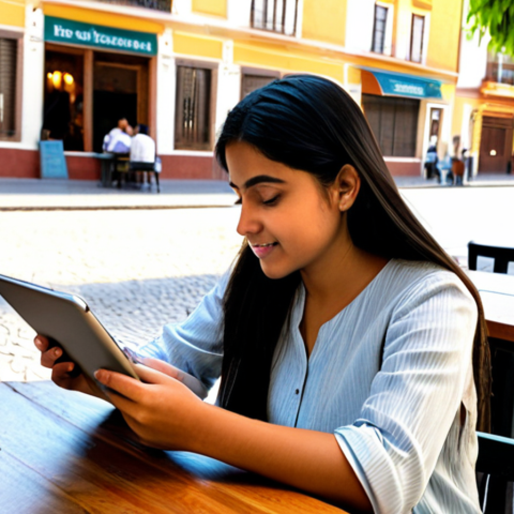 Learning Hindi**
"A young woman with dark hair, dressed in comfortable but modest clothing, sitting at a table in a sunlit cafe in Seville, Spain. She is using a language learning app on her tablet, focusing on Hindi script. In front of her is a café con leche and a "churro". The scene is warm and inviting, evoking a sense of cultural exploration. Safe for work, appropriate content, fully clothed, professional, perfect anatomy, natural proportions, high quality, modern digital illustration."
**