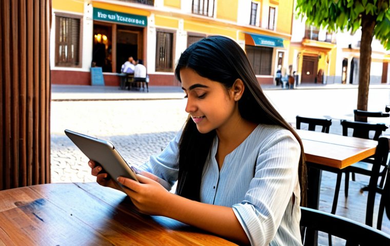 Learning Hindi**
"A young woman with dark hair, dressed in comfortable but modest clothing, sitting at a table in a sunlit cafe in Seville, Spain. She is using a language learning app on her tablet, focusing on Hindi script. In front of her is a café con leche and a "churro". The scene is warm and inviting, evoking a sense of cultural exploration. Safe for work, appropriate content, fully clothed, professional, perfect anatomy, natural proportions, high quality, modern digital illustration."
**