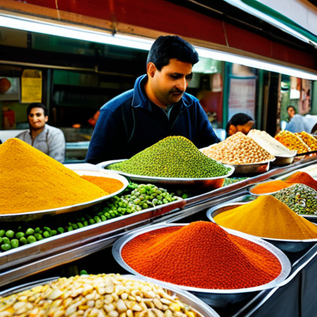 힌디어 음식 주문법 - Vibrant Indian Food Market**
"A bustling food market scene in Barcelona's Boqueria market, filled w...