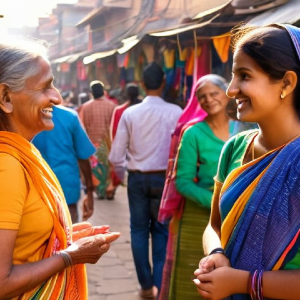 힌디어와 관광 가이드 - **Prompt:** "A vibrant, eye-level shot of a young female traveler (20s, wearing a modest, knee-lengt...
