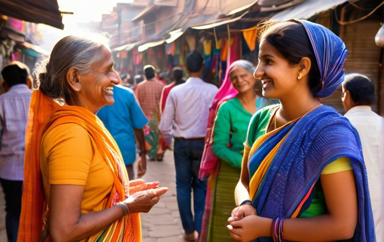 힌디어와 관광 가이드 - **Prompt:** "A vibrant, eye-level shot of a young female traveler (20s, wearing a modest, knee-lengt...