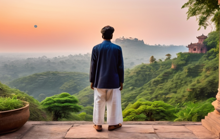 힌디어와 관광 가이드 - **Prompt:** "A vibrant, eye-level shot of a young female traveler (20s, wearing a modest, knee-lengt...