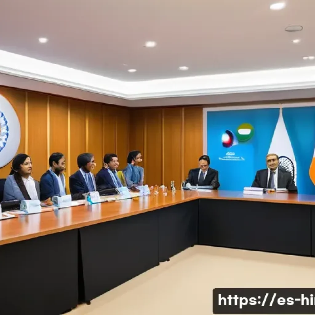 힌디어와 국제 관계 - A vibrant international diplomatic meeting scene set in a modern conference room, featuring diverse ...