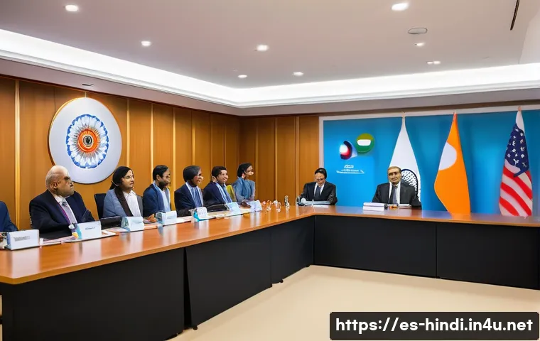 힌디어와 국제 관계 - A vibrant international diplomatic meeting scene set in a modern conference room, featuring diverse ...