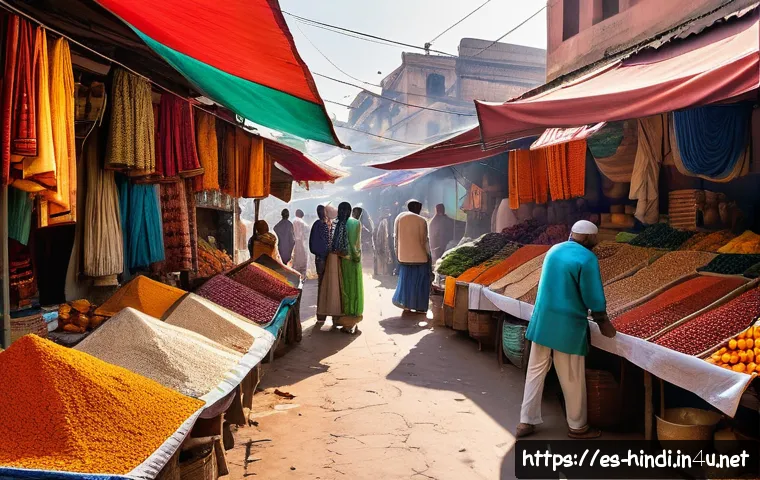힌디어 여행 가이드북 - A vibrant Indian street market scene during daytime, bustling with diverse local vendors and shopper...