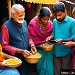 Home 21 힌디어와 결제 시스템 - A vibrant rural Indian marketplace scene where diverse people of various ages interact with digital ...