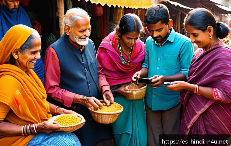 힌디어와 결제 시스템 - A vibrant rural Indian marketplace scene where diverse people of various ages interact with digital ...