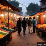 Home 20 힌디어 번역가 되는 법 - A vibrant Indian street market scene in the early evening, showcasing diverse cultural elements from...