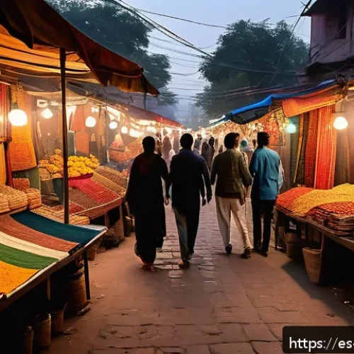 Home 32 힌디어 번역가 되는 법 - A vibrant Indian street market scene in the early evening, showcasing diverse cultural elements from...