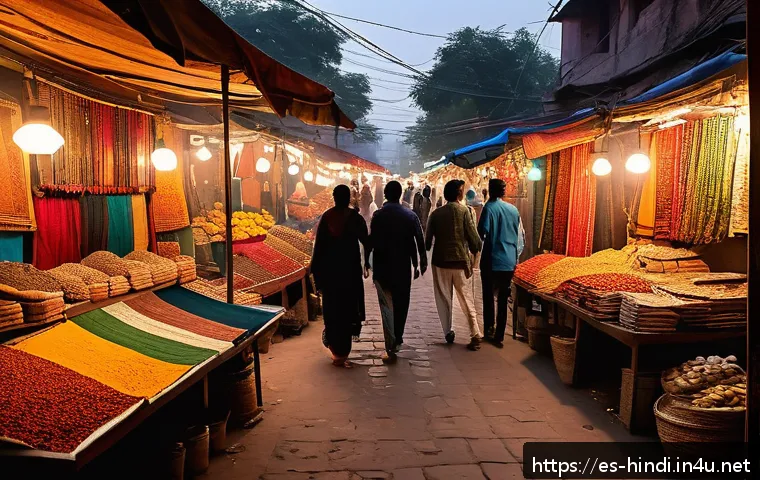 힌디어 번역가 되는 법 - A vibrant Indian street market scene in the early evening, showcasing diverse cultural elements from...