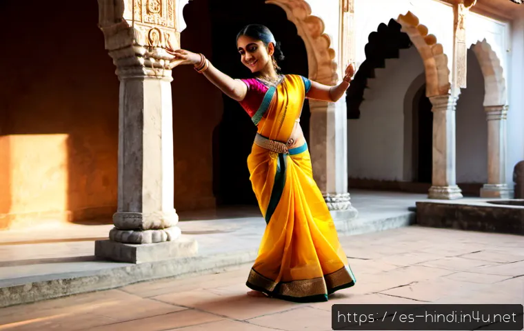 Home 17 힌디어와 인도의 전통 춤 - Photorealistic cultural scene in India, a graceful adult Bharatanatyam dancer in vibrant silk sari a...