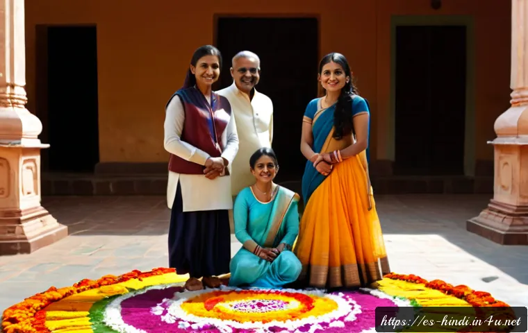 힌디어 인도 문화 소개 - Photorealistic welcoming introduction to Indian culture, a multigenerational Indian family in elegan...