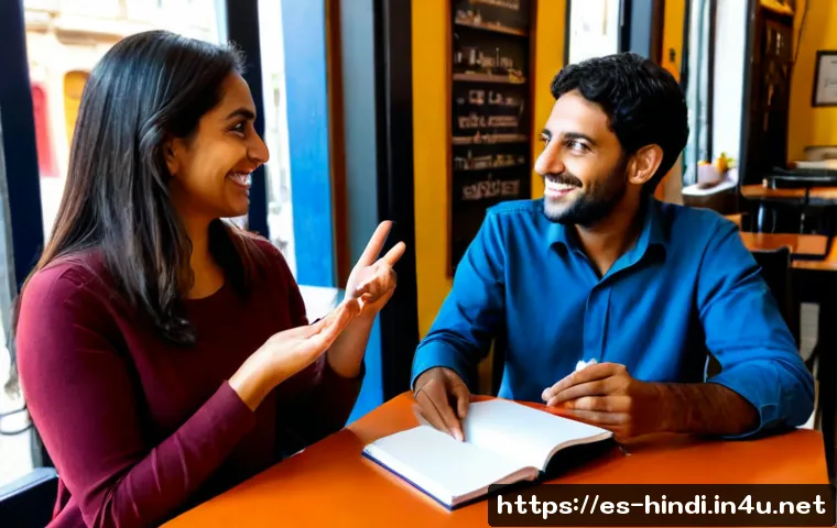 힌디어 일상 표현 익히기 - Photorealistic scene of a Spanish-speaking adult practicing everyday Hindi conversation with a frien...