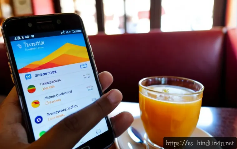 힌디어 번역기 추천 - Photorealistic close-up of a Spanish-speaking traveler in a bright Madrid café using a smartphone tr...